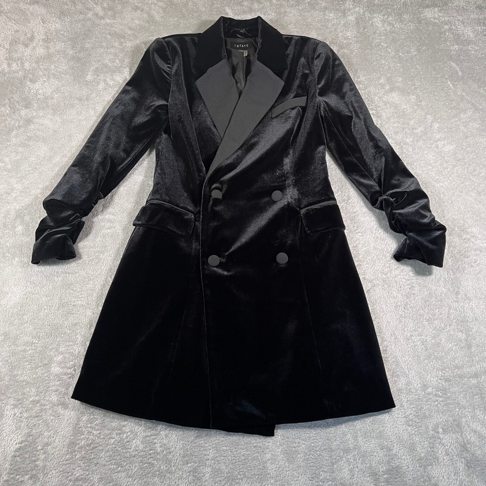 1. STATE Velvet Blazer Dress Womens‎ Size 0 Black Ruched Sleeve Double Breasted